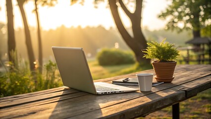 Fototapeta premium Laptop, coffee cup, and potted plant on a wooden table in a serene natural setting during golden hour, symbolizing remote work and peaceful productivity