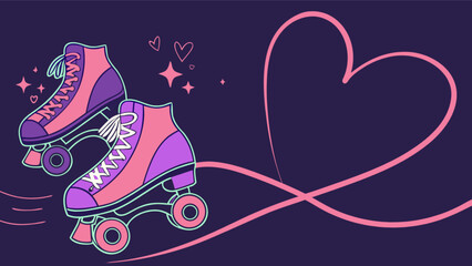 Fototapeta premium Retro roller skates with heart illustration, a fun and romantic vintage design for valentines day and recreational activities isolated on white background