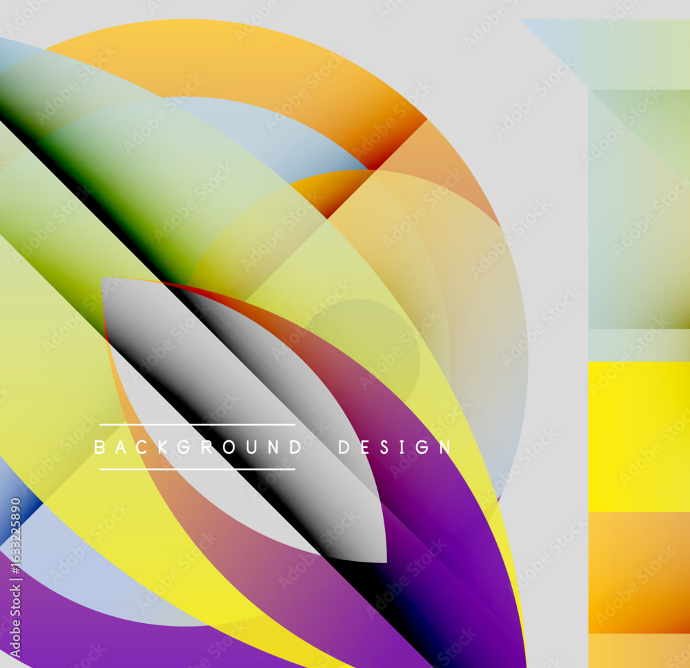 Poster abstract colorful shapes overlap, creating dynamic visual effect. soft gradients blend yellow, purpl