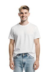Fototapeta premium Young man wearing white t-shirt and blue jeans, isolated on transparent background