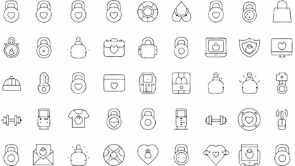 Collection of various outline icons including locks, hearts, perfume bottles, and fitness equipment arranged neatly silhouette