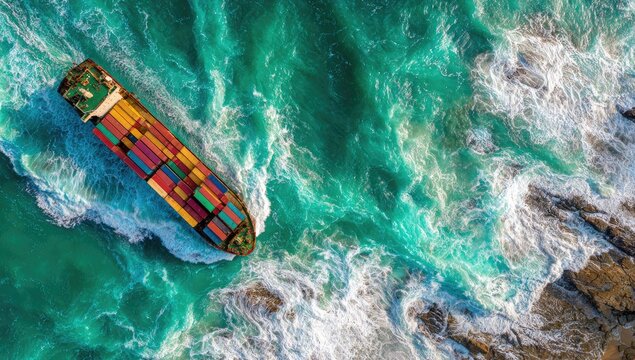 Cargo ship navigating rough seas