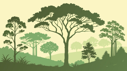 A serene landscape featuring a variety of trees in silhouette against a soft, muted background, evoking a sense of tranquility and natural beauty