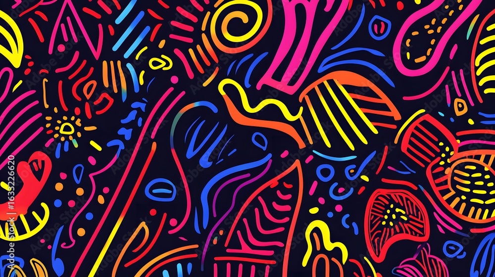 Poster vibrant abstract pattern with colorful lines and shapes.