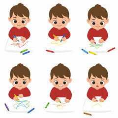 A grid of happy young boys drawing with colorful crayons, showcasing childhood creativity and learning activities.