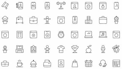 Illustration of assorted line art icons featuring office supplies, fitness, and electronic devices elements silhouette