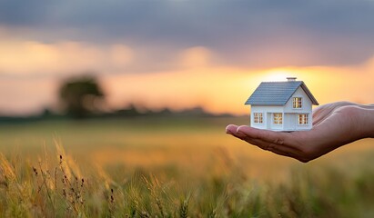 Miniature house held in cupped hands, sunset over field