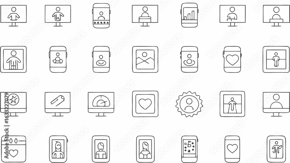 Fototapete illustration of various devices displaying user interfaces and profile icons in a line art style des