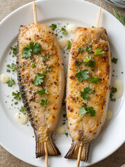 Two pan-seared fish fillets, adorned with fresh parsley, impaled on wooden skewers, resting on a white plate