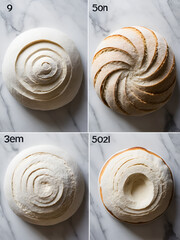 Stages of sourdough bread preparation showcasing dough fermentation and shaping process on a marble countertop