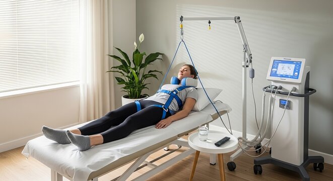 Cervical traction therapy for neck pain relief at clinic or home with medical equipment and patient care