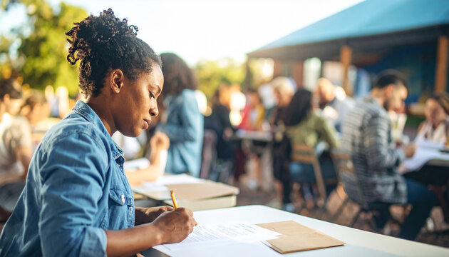 Focused artist sketching on paper at a sunny outdoor creative workshop