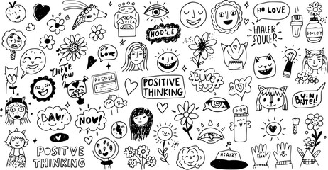 Black and White Doodle Art Collection for Positive Thinking and Mental Wellness with Whimsical Characters and Motivational Elements