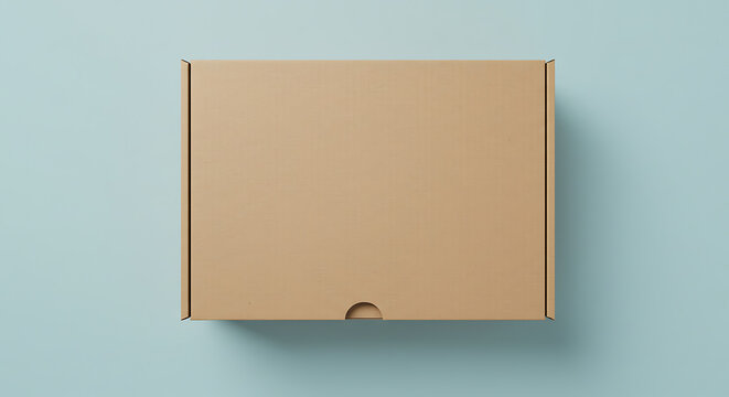 Blank brown cardboard delivery box mockup on a pastel blue background. Flat lay top down view of a carton for e-commerce packaging design.
