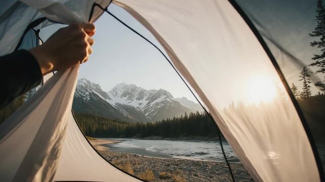 Tent View of Mountains and Forest Landscape