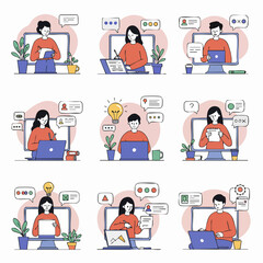 Flat Illustration Set: People Engaged in Online Communication, Remote Work, E-learning, and Digital Collaboration with Computers and Laptops.