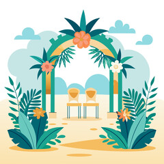 Tropical wedding arch with chairs and flowers isolated on white background