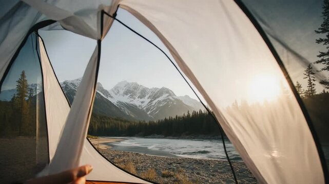 Tent View of Mountains and Forest Landscape
