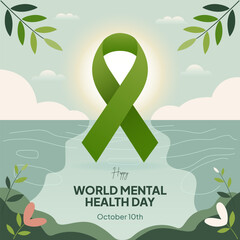 Happy World Mental Health Day October 10th with green ribbon lake flower plants nature view background