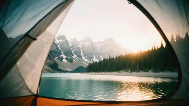 Tent View of Mountains and Forest Landscape
