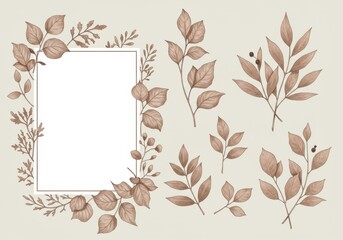 Elegant autumnal botanical elements featuring a blank rectangular frame and scattered leaves