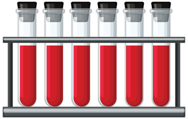 Six Blood-Filled Test Tubes in Laboratory Rack