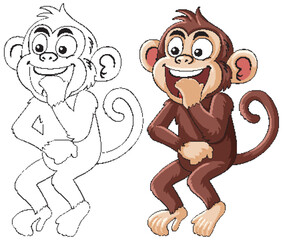 Cartoon Monkey Laughing with Outline and Color Versions