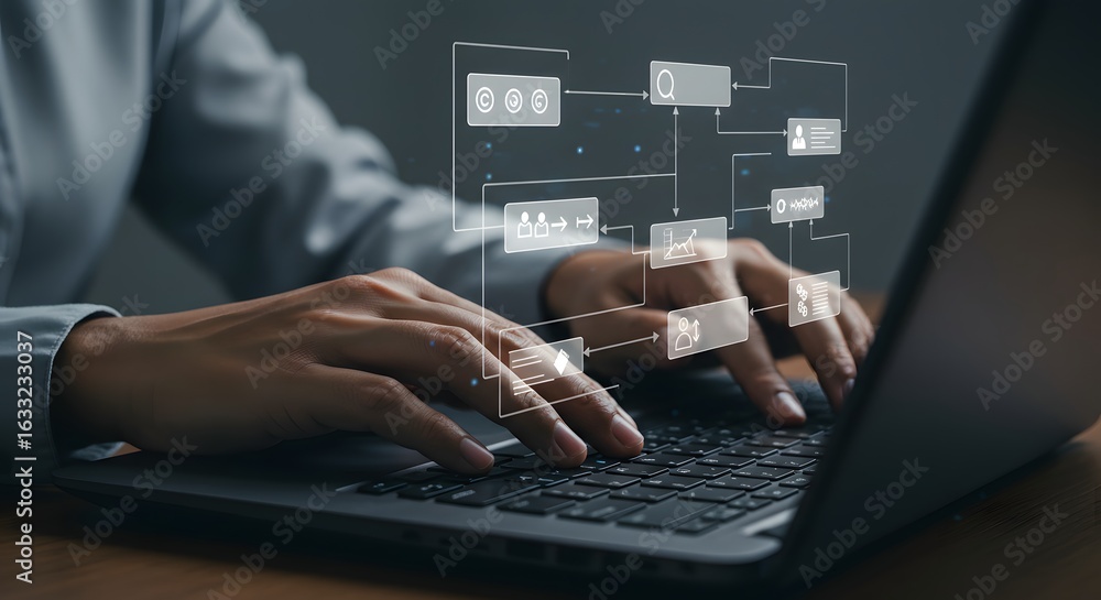 Poster typing on laptop with digital business process and workflow automation