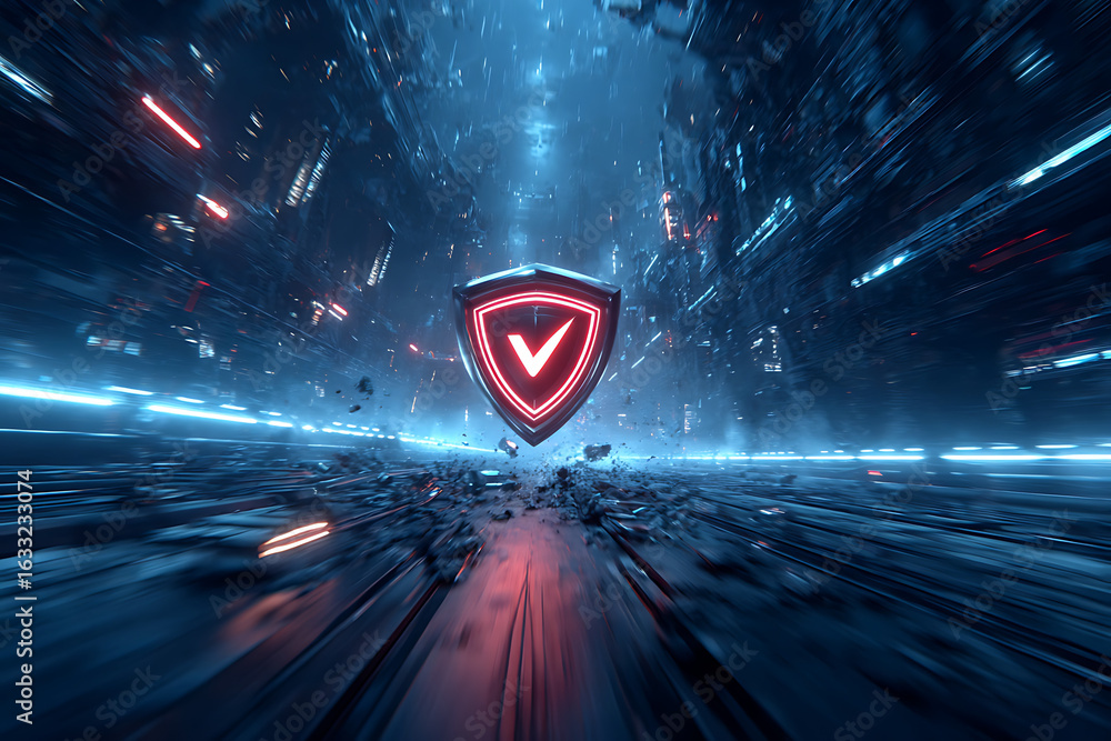 Poster digital shield of protection in futuristic cybernetic tunnel with glowing lines and data streams