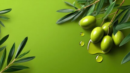 Cook pouring olive oil and healthy cooking concept. Fresh green olives with olive oil on a vibrant green background.