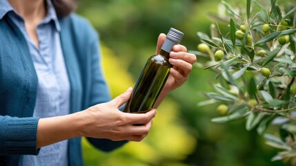 Cook pouring olive oil and healthy cooking concept. A person holds an olive oil bottle while standing near an olive tree.