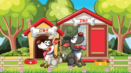 Two Happy Cartoon Dogs Sitting Outside Colorful Kennels
