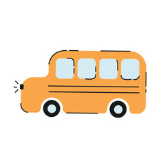 School bus Flat Icon Isolated on white background. School Symbol in Doodle minimalist style. Kids or Childs Bus Yellow Vector Illustration. Clip Art Children Element or Print for Stickers, Education.