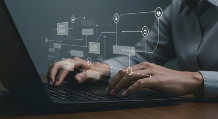 Business process automation with workflow and flowchart on virtual screen hands typing