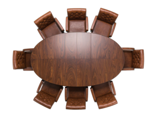 Modern oval conference table setup, featuring eight elegant brown leather chairs and wood grain finish, ideal for business meetings and executive discussions.