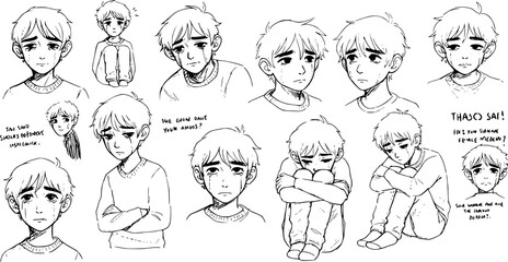 Character Study: Multiple Crying Expressions and Sad Poses of a Young Boy Showing Distress and Vulnerability in Hand-Drawn Line Art