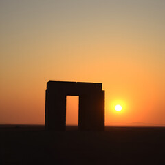A golden sun setting over a flat plain, highlighting the silhouette of a colossal stone gateway.