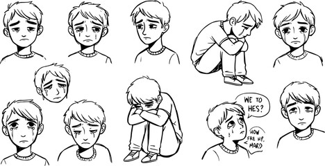 Illustrations of a Sad and Crying Young Boy: A Detailed Study of Emotional Distress, Sorrow, and Despair in Black and White Line Art