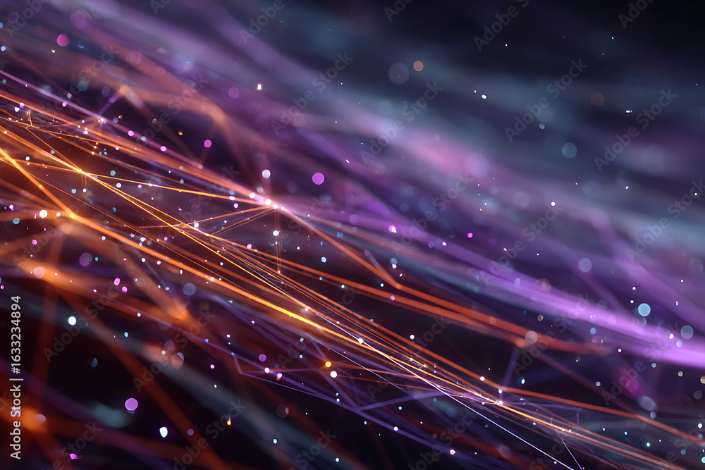 Poster abstract cosmic nebula with glowing interconnected lines and shimmering stars creating a vibrant fut