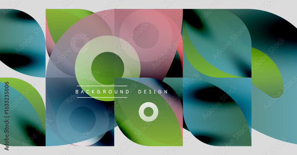 Poster abstract geometric shapes overlap, creating vibrant color gradients. design features circles, square
