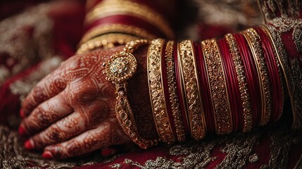 An elegant close-up of a woman's hand adorned with intricate jewelry and elaborate henna designs, showcasing cultural richness and beauty.