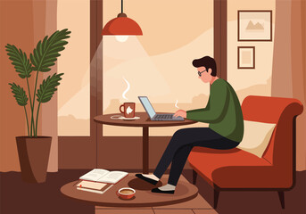 Fototapeta premium Young man working on his laptop in a cozy cafe or home office. Vector illustration of a freelance or remote work lifestyle concept.