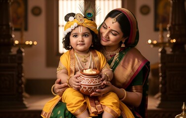 Little Krishna with Loving Mother – Janmashtami Family Art