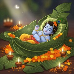Baby Krishna Sleeping Peacefully on Banana Leaf