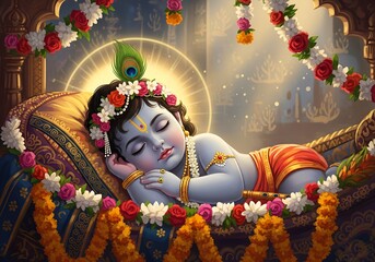 Sleeping Baby Krishna with Aura – Janmashtami Blessing Art
