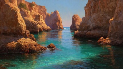 Obraz premium Sunny coastal scene, rocky inlets, turquoise water