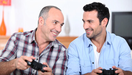 Happy father and adult son sharing a fun moment playing video games together at home