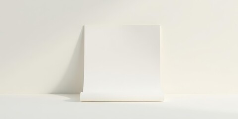 A blank white paper sheet stands upright on a pristine white surface, bathed in soft, natural light, creating a minimalist and serene backdrop for your design presentation.