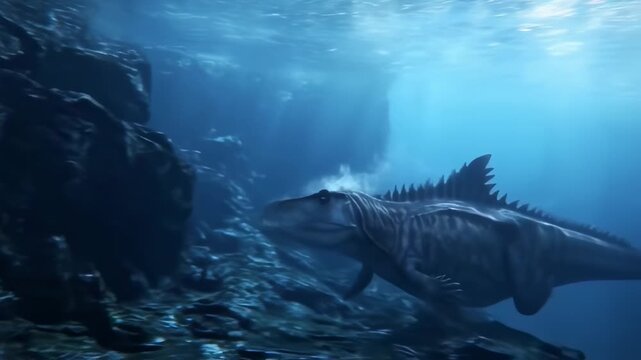 Ancient Sea Creature with Mosasaurus, Underwater, and Marine Life.