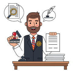 A professional notary public man stamping and certifying legal documents. Flat vector illustration of official paperwork authentication.